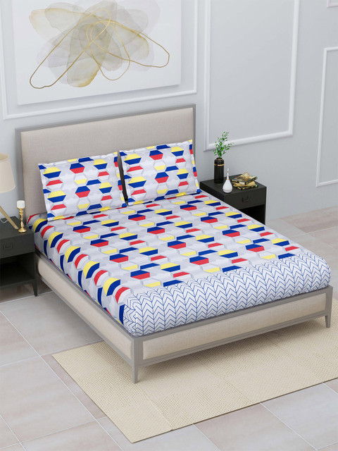 

Home Fresh Grey 120 TC Double King Geometric Pure Cotton Bedsheet With 2 Pillow Covers, Blue