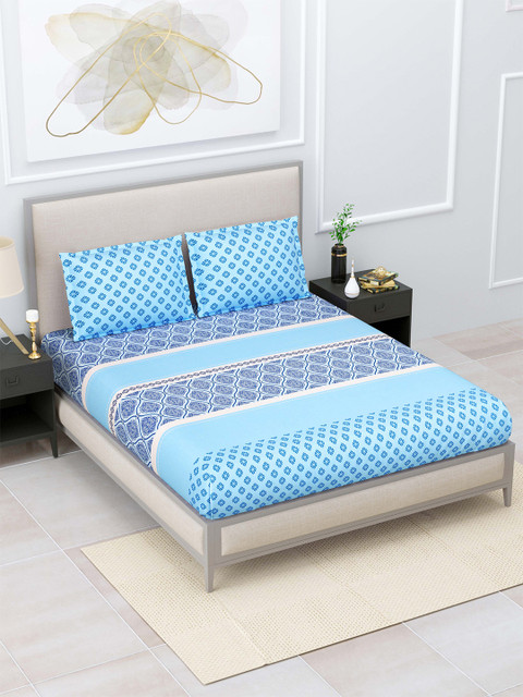 

Home Fresh Blue & Navy Blue Ethnic Motifs 120 TC King Bedsheet with 2 Pillow Covers