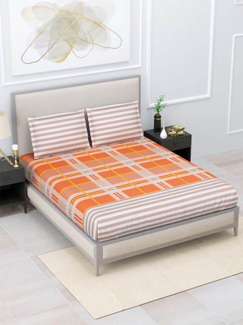 

Home Fresh Orange Striped 120 TC King Cotton Bedsheet With 2 Pillow Covers