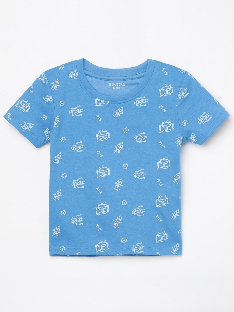

Juniors Boys Blue & White Conversational Printed Cotton T-shirt