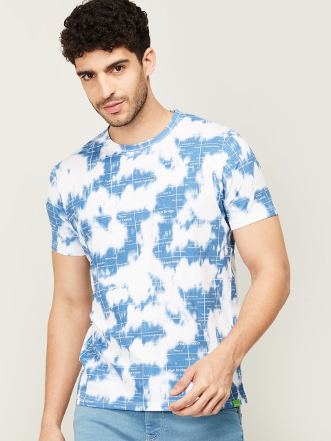 

Bossini Men White & Blue Tie and Dye Printed Cotton T-shirt