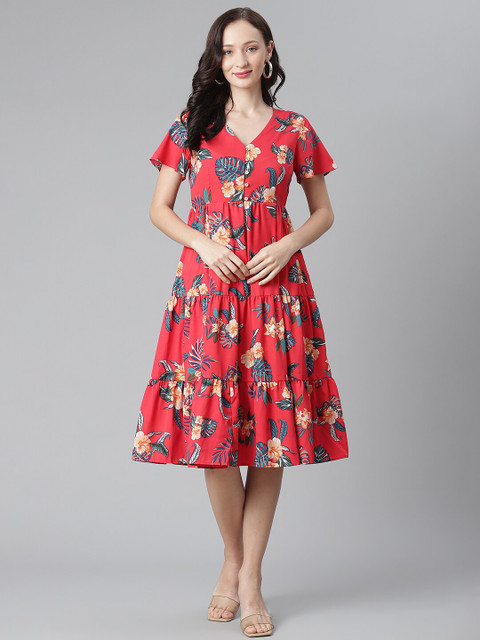 

WESTCLO Women Red Floral Printed Layered Midi Dress