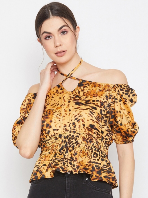 

DELAN Women Brown Animal Print Off-Shoulder Bardot Top