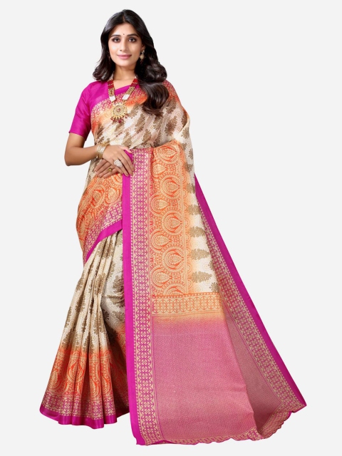 

SIRIL White & Pink Floral Printed Saree