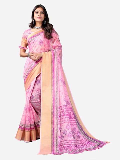 

SIRIL Pink & Brown Ethnic Motifs Printed Zari Saree