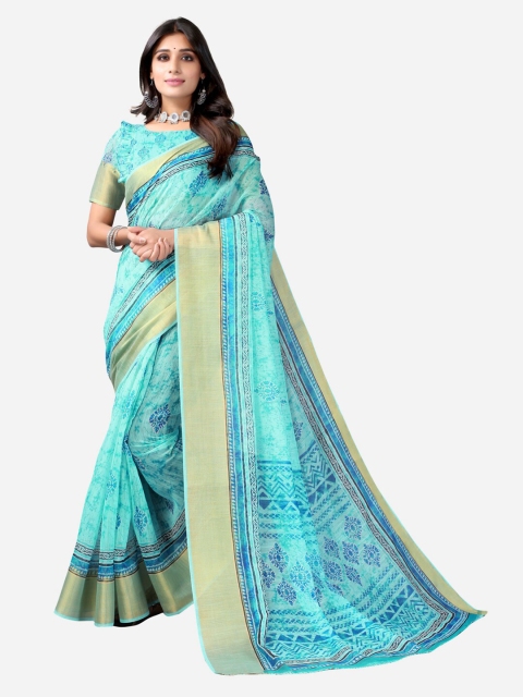 

SIRIL Turquoise Blue & Gold-Toned Ethnic Motifs Printed Cotton Saree