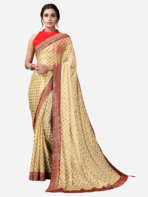 

SIRIL Beige & Red Ethnic Motifs Lycra Saree