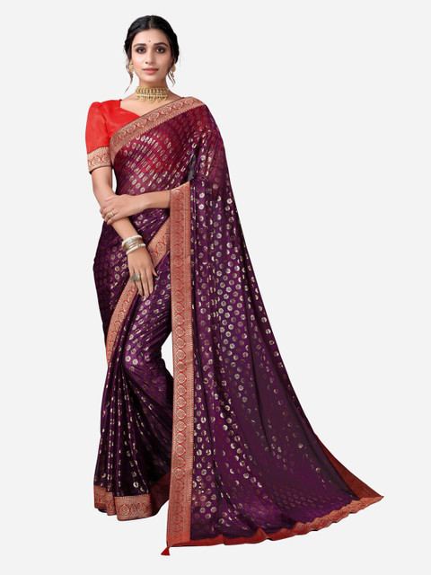 

SIRIL Purple & Red Floral Foil Printed Saree