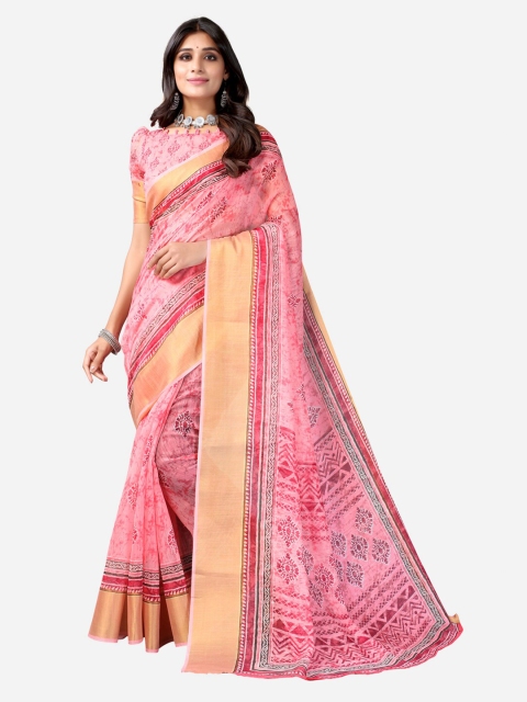 

SIRIL Pink & Gold-Toned Ethnic Motifs Zari Saree