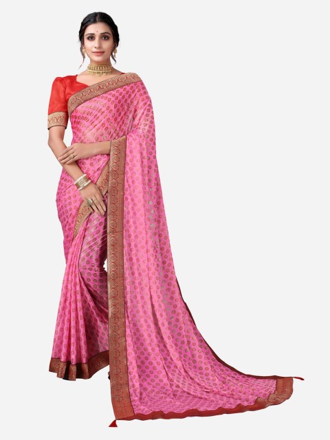 

SIRIL Pink & Red Floral Printed Saree