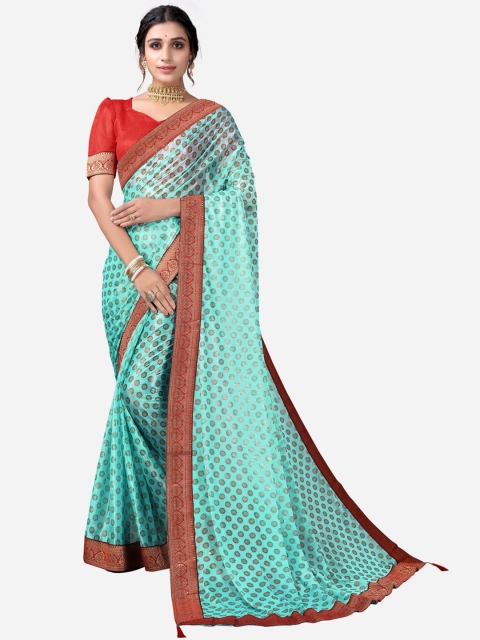 

SIRIL Turquoise Blue & Red Ethnic Motifs Lycra Saree