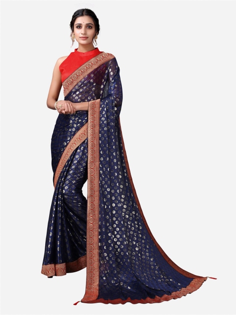 

SIRIL Navy Blue & Red Floral Woven Design Saree