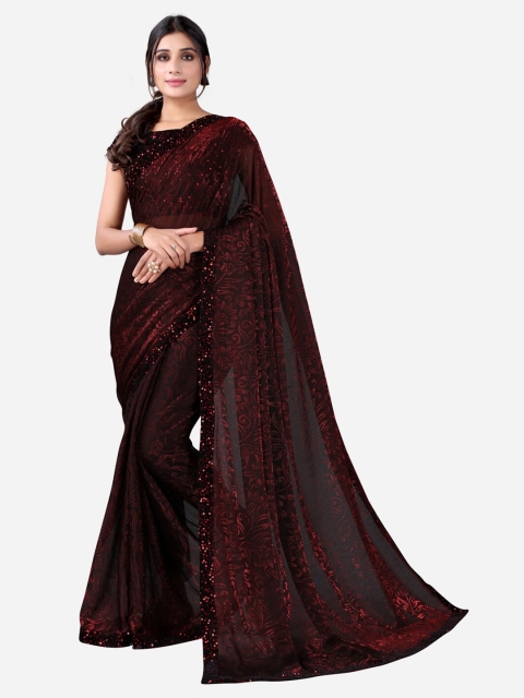 

SIRIL Black & Maroon Floral Lace Saree