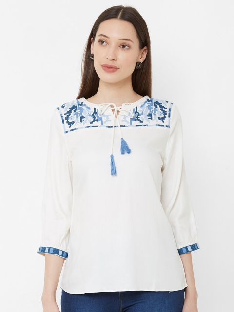 

Kraus Jeans Off White & Blue Embroidered Tie-Up Neck Top