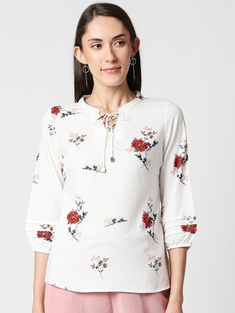 

Kraus Jeans Women Off White & Red Floral Print Tie-Up Neck Top