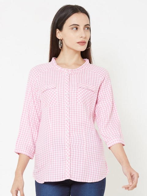 

Kraus Jeans Pink Checked Mandarin Collar Ruffles Shirt Style Top