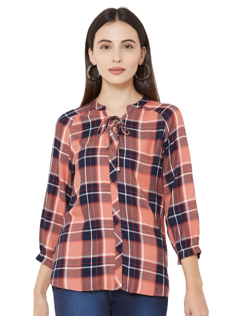 

Kraus Jeans Peach-Coloured & Navy Blue Checked Tie-Up Neck Top