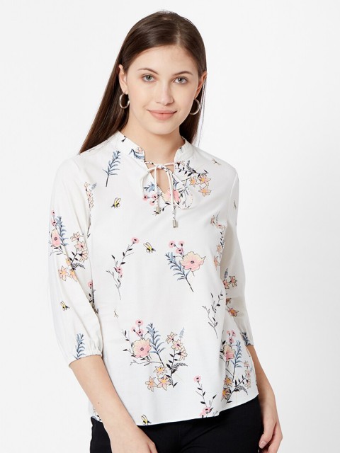 

Kraus Jeans Off White Floral Print Tie-Up Neck Top