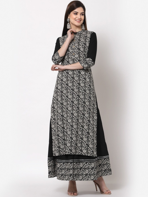 

KBZ Women Black Floral Printed Kurta with Skirt