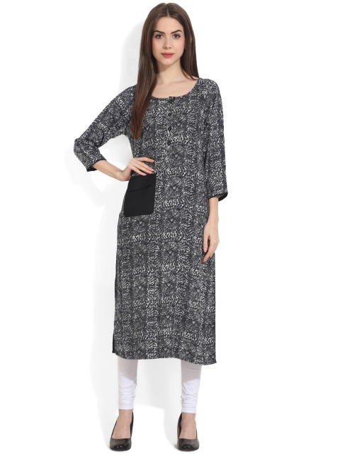 

aasi Women Black Printed Straight Kurta