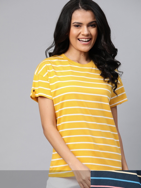 

Mast & Harbour Women Pack of 2 Striped Pure Cotton T-shirt, Yellow