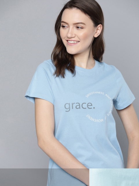 

Mast & Harbour Women Blue Typography Pack of 2 Printed Pure Cotton T-shirt
