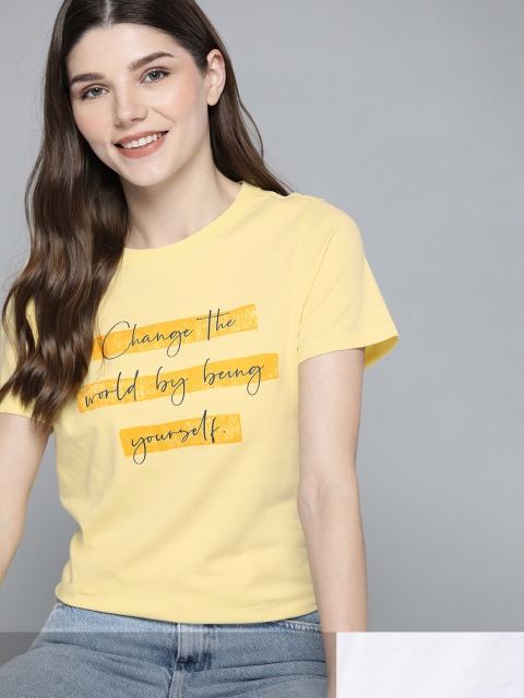 

Mast & Harbour Women Yellow Typography 2 Printed Pure Cotton T-shirt