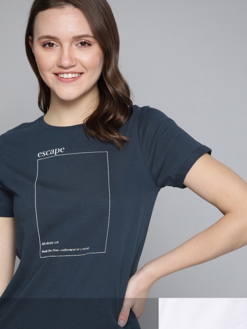 

Mast & Harbour Women Navy Blue Typography 2 Printed T-shirt