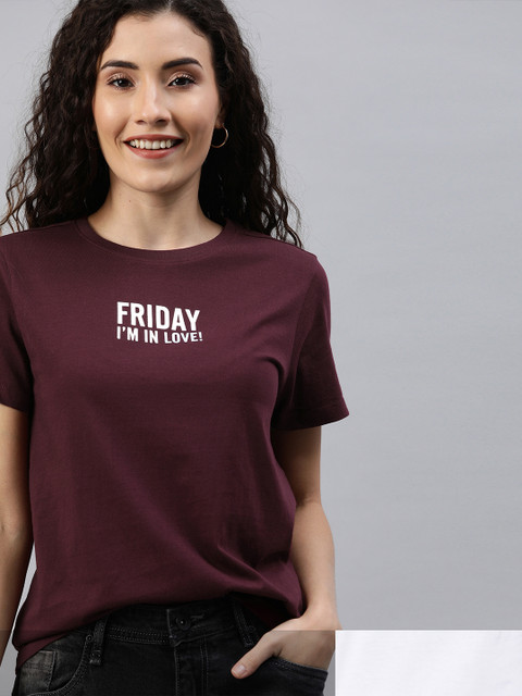 

Mast & Harbour Women Burgundy & White Typography 2 Printed T-shirt