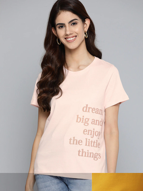 

Mast & Harbour Women Pink Typography 2 Printed Pure Cotton T-shirt