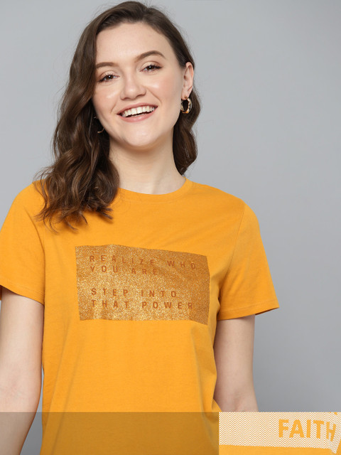

Mast & Harbour Women Pack Of 2 Pure Cotton Typography Printed T-shirts, Mustard