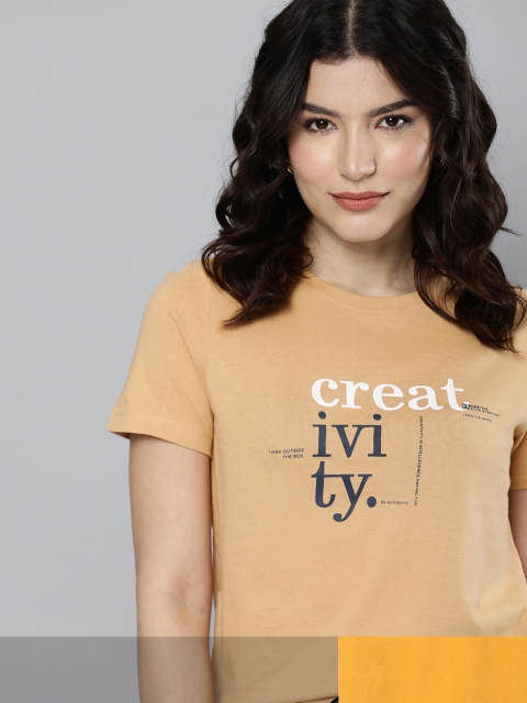 

Mast & Harbour Women Mustard Yellow Typography 2 Printed T-shirt
