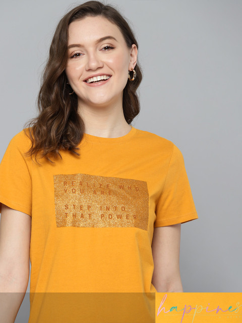 

Mast & Harbour Women Typography Pack of 2 Cotton Printed T-shirt, Mustard
