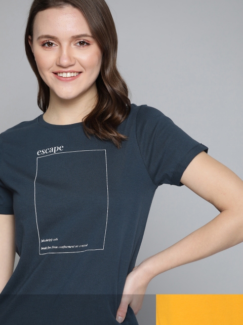 

Mast & Harbour Women Typography Pack of 2 Printed T-shirt, Navy blue