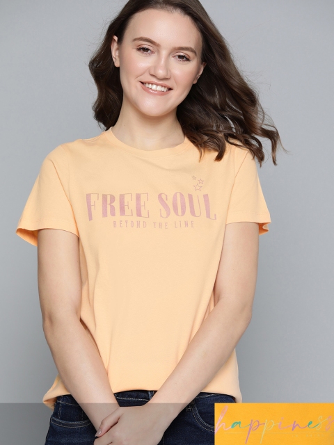 

Mast & Harbour Women Pack of 2 Cotton Typography Printed T-shirt, Peach
