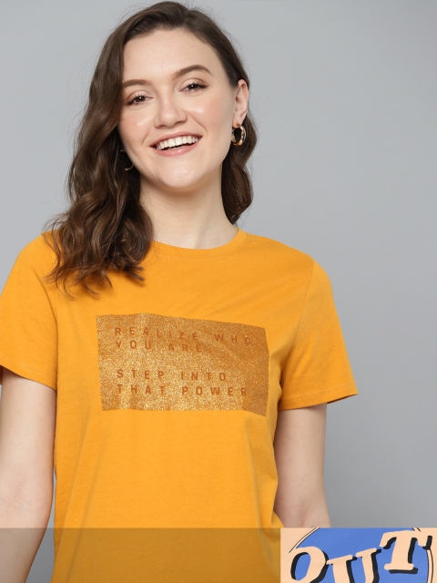

Mast & Harbour Women Mustard Yellow Typography 2 Printed T-shirt
