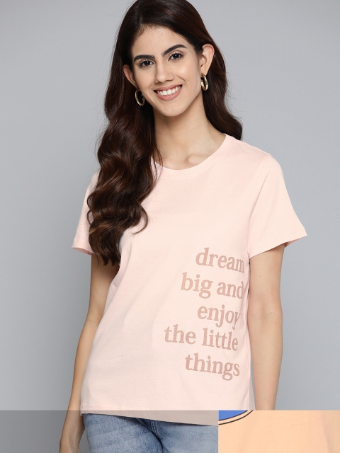 

Mast & Harbour Women Pink & Brown Typography 2 Printed Pure Cotton T-shirt
