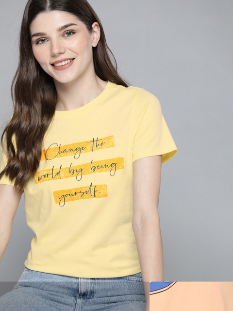

Mast & Harbour Women Yellow Typography 2 Printed Pure Cotton T-shirt