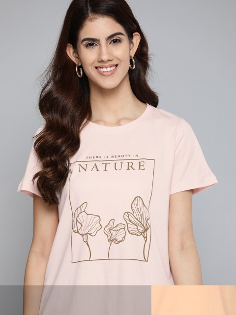 

Mast & Harbour Women Pack Of 2 Printed Pure Cotton T-shirt, Pink