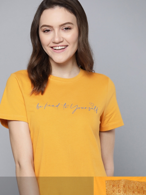 

Mast & Harbour Women Pack Of 2 Typography Printed T-shirt, Mustard
