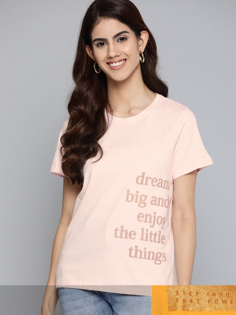 

Mast & Harbour Women Pack of 2 Typography Printed Pure Cotton T-shirt, Pink