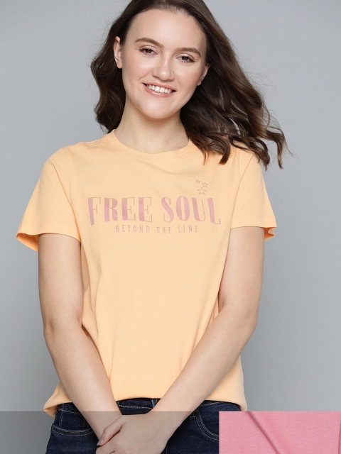 

Mast & Harbour Women Pack of 2 Printed Pure Cotton T-shirt, Peach