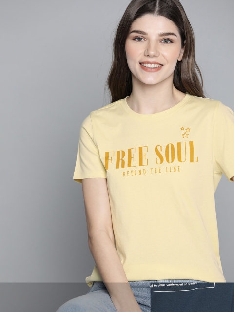 

Mast & Harbour Women Pack of 2 Printed Pure Cotton T-shirt, Yellow
