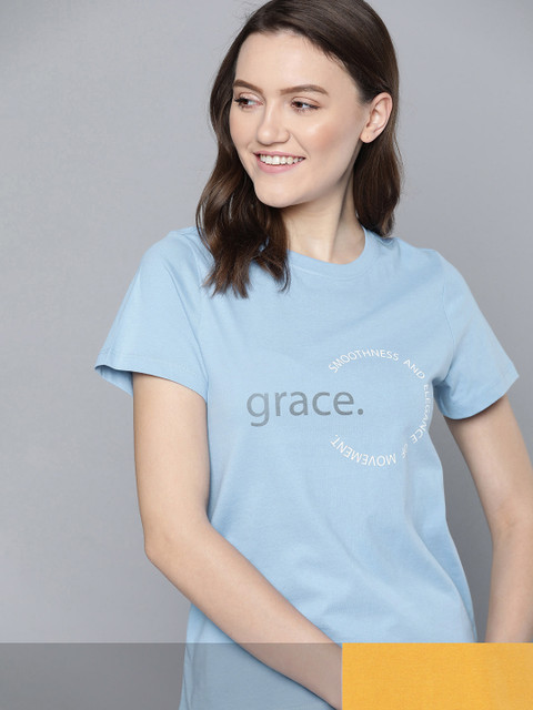 

Mast & Harbour Women Pack of 2 Printed Pure Cotton T-shirt, Blue