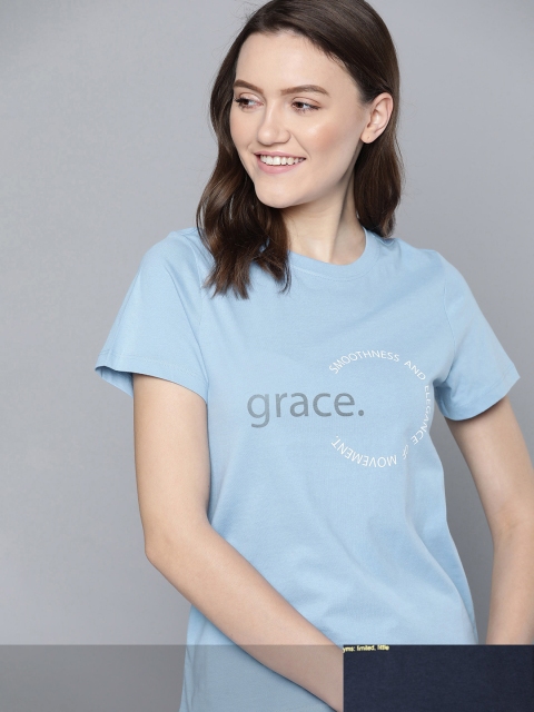 

Mast & Harbour Women Pack of 2 Printed Pure Cotton T-shirt, Blue