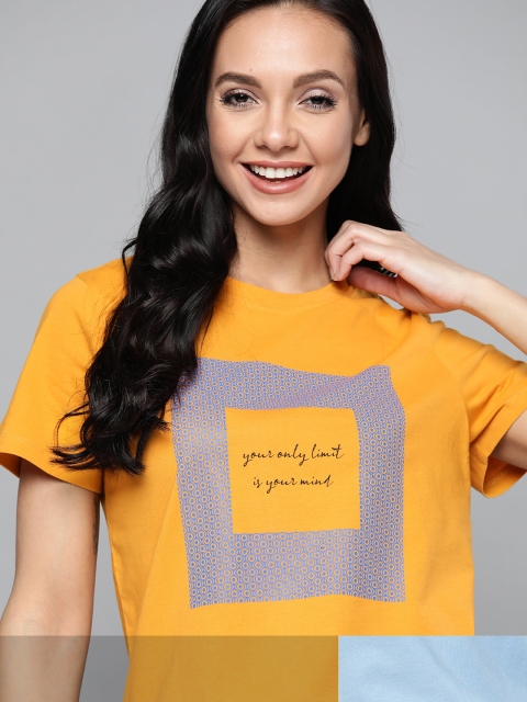 

Mast & Harbour Women Pack of 2 Printed Pure Cotton T-shirt, Mustard