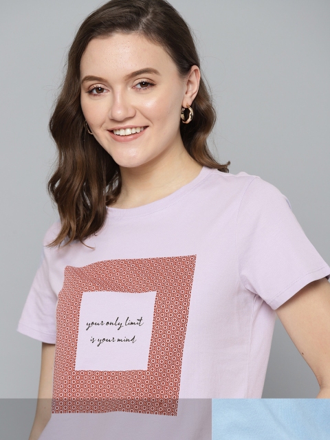 

Mast & Harbour Women Pack of 2 Printed Pure Cotton T-shirt, Lavender