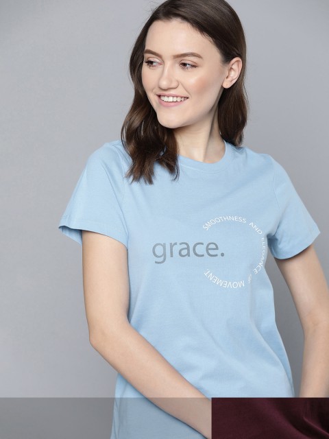 

Mast & Harbour Women Pack of 2 Printed Pure Cotton T-shirt, Blue