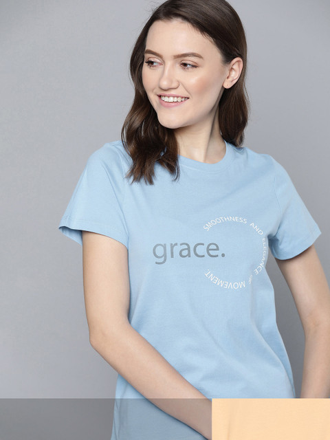 

Mast & Harbour Women Pack of 2 Printed Pure Cotton T-shirt, Blue