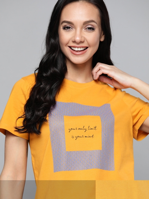 

Mast & Harbour Women Pack of 2 Printed Pure Cotton T-shirt, Mustard